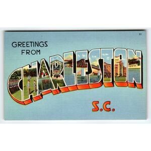 Greetings From Charleston SC South Carolina Vintage Large Letter Linen Postcard